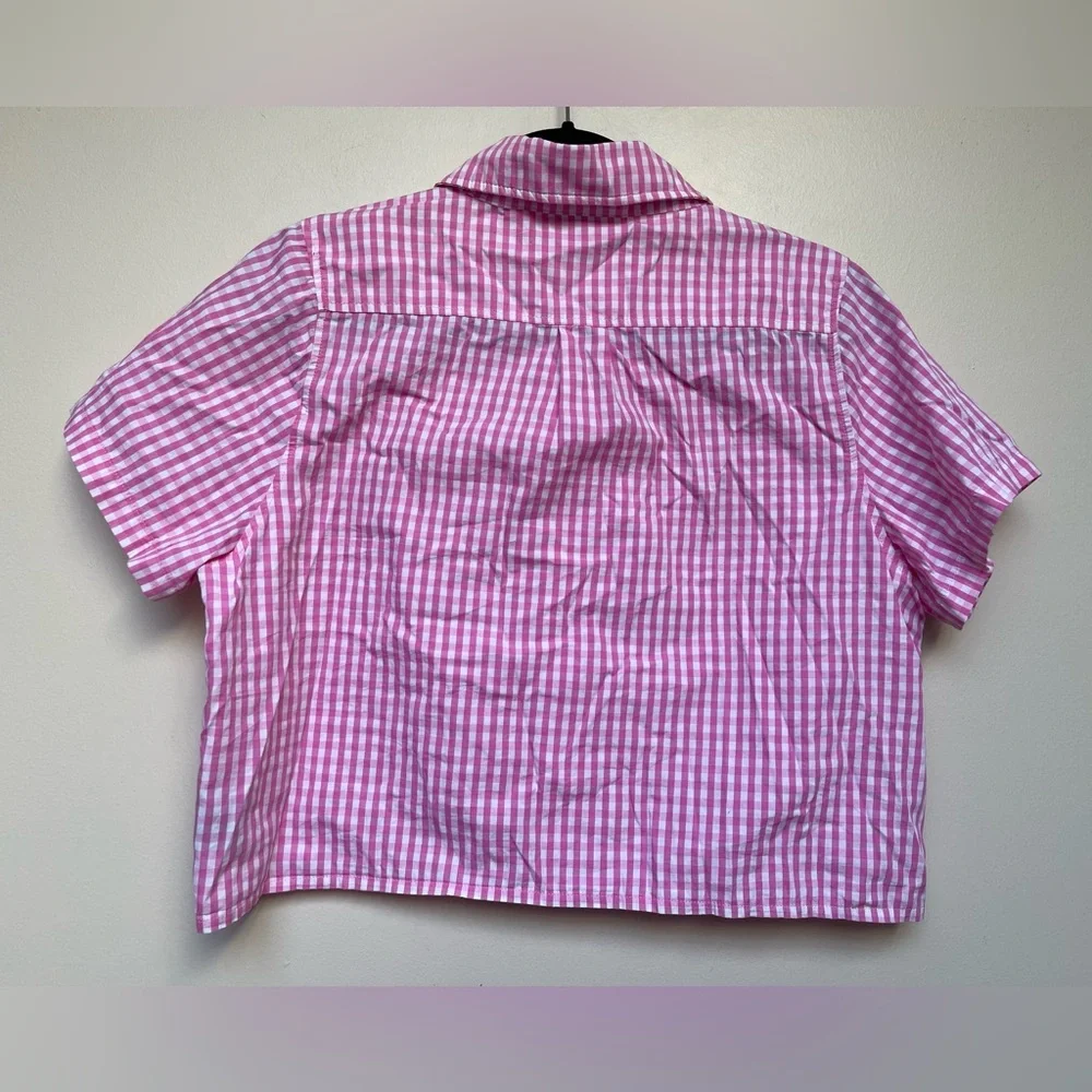 LAZY OAF gingham pink with hearts button up cropped shirt | SIZE L - Picture 4 of 9